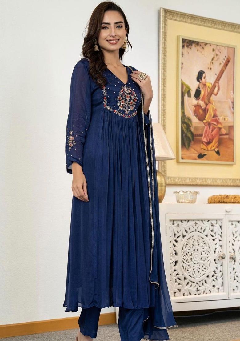Navy Blue Embroidered Silk Kurta Set - Indya