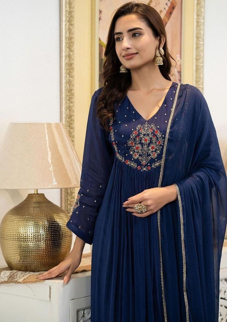 Navy Blue Embroidered Silk Kurta Set - Indya