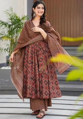 Brown Printed Viscose Kurta Set