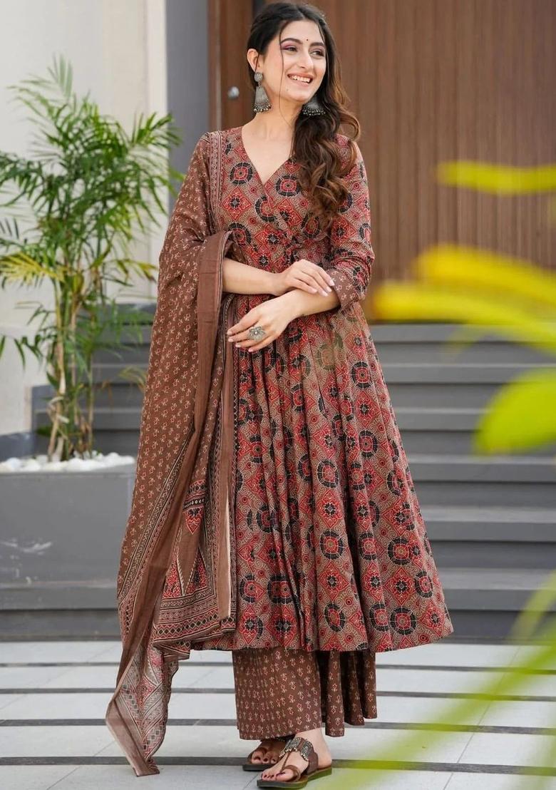 Brown Printed Viscose Kurta Set - Indya