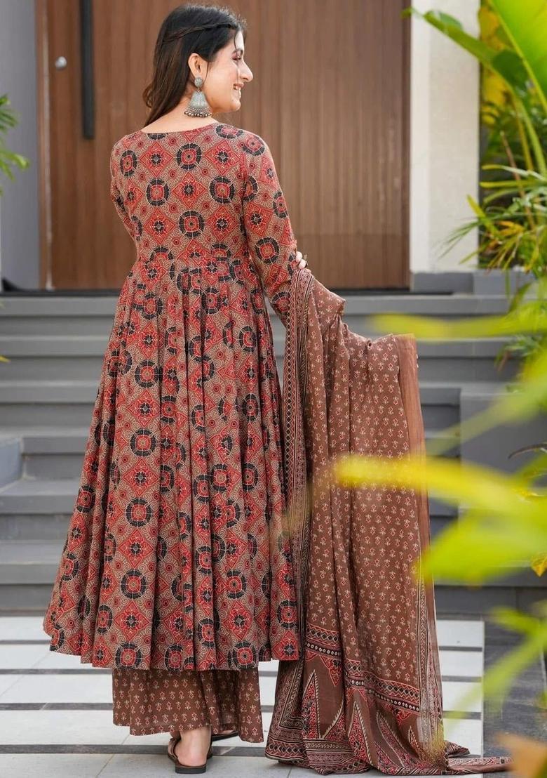 Brown Printed Viscose Kurta Set - Indya