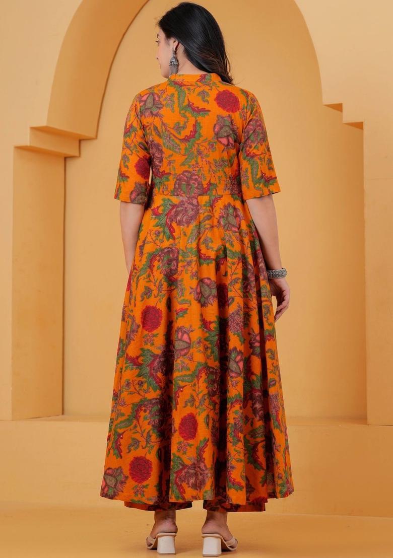 Yellow Printed Cotton Kurta Set - Indya