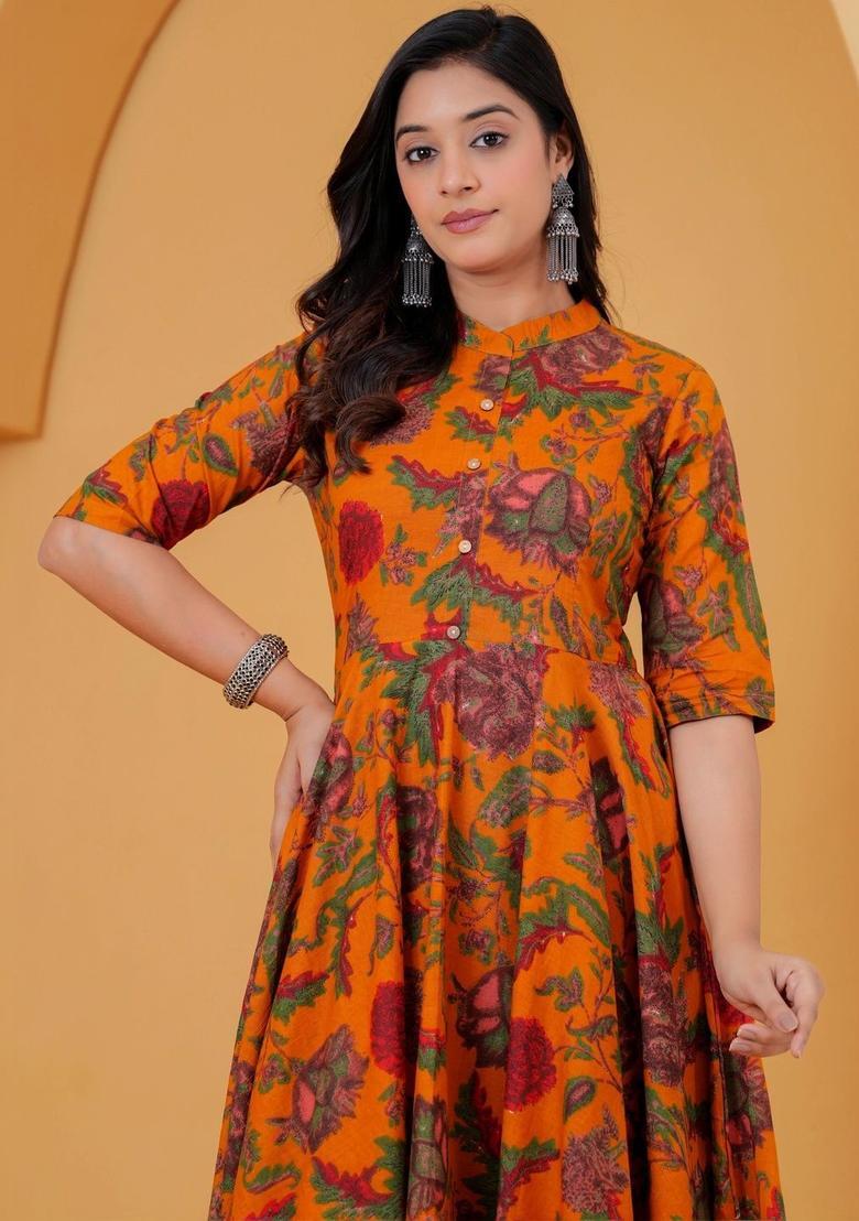 Yellow Printed Cotton Kurta Set - Indya