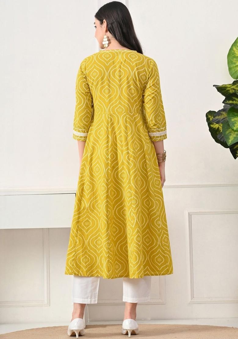 Yellow Printed Cotton Kurta Set - Indya