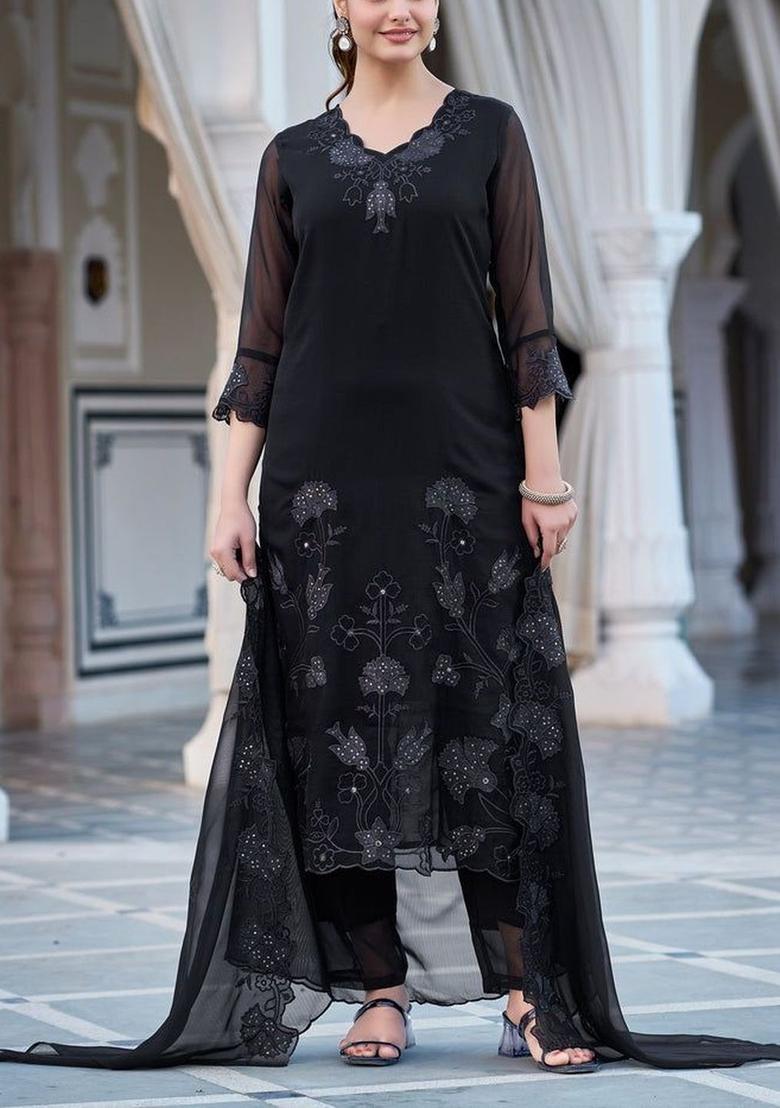 Black Embroidered Georgette Kurta Set - Indya