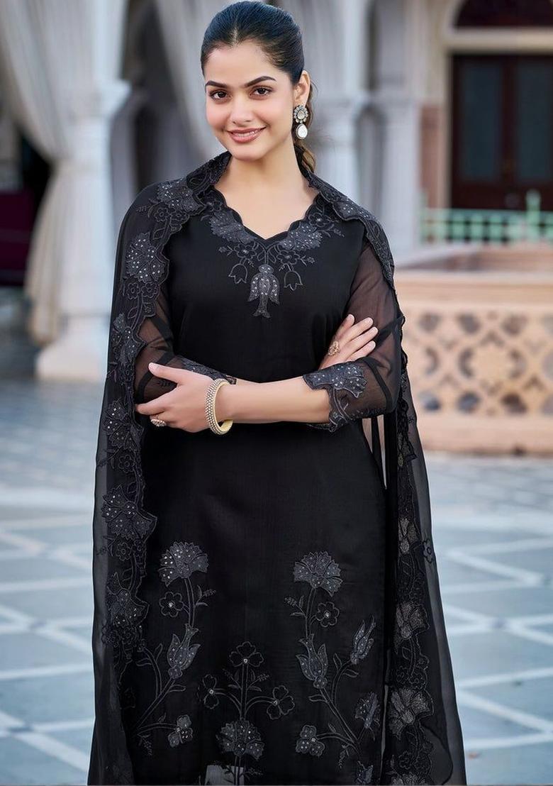 Black Embroidered Georgette Kurta Set - Indya