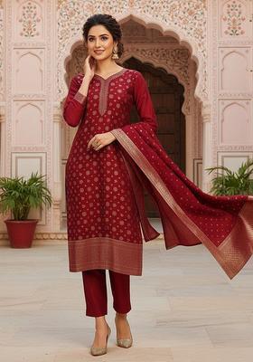 Red Woven Design Chanderi Kurta Set