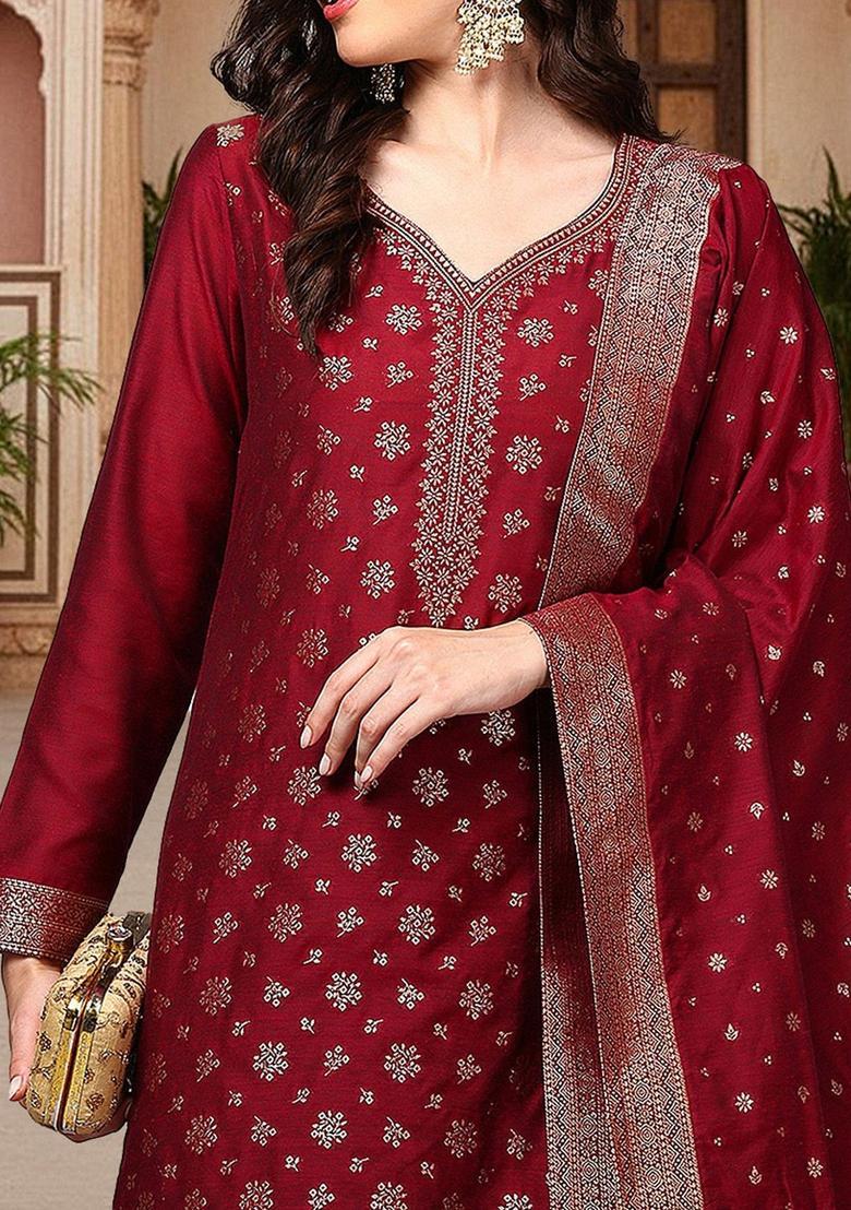 Red Woven Design Chanderi Kurta Set - Indya