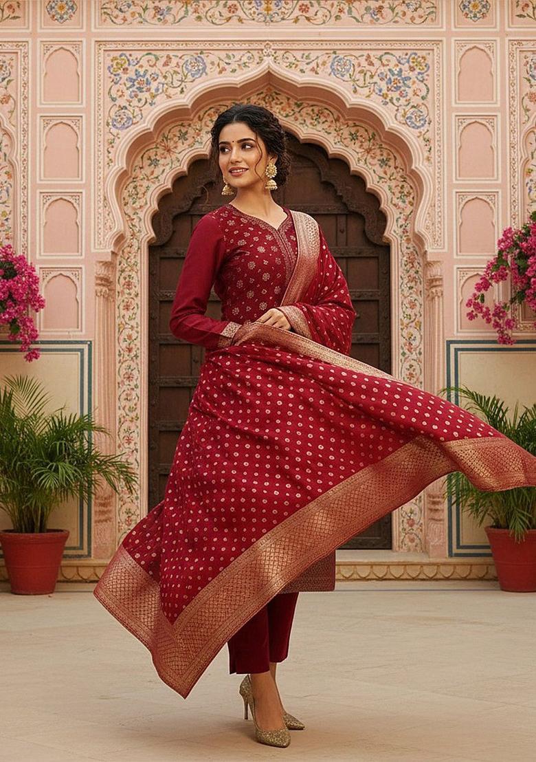 Red Woven Design Chanderi Kurta Set - Indya