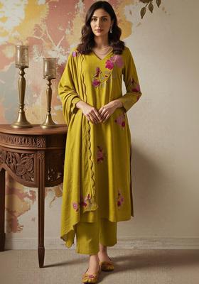 Olive Embroidered Silk Blend Kurta Set
