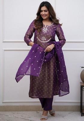 Purple Woven Design Cotton Kurta Set