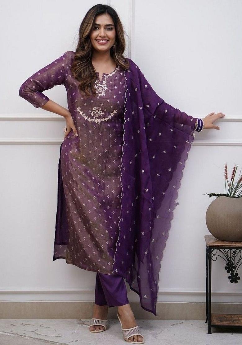 Purple Woven Design Cotton Kurta Set - Indya
