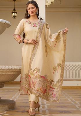 Cream Printed Silk Kurta Set