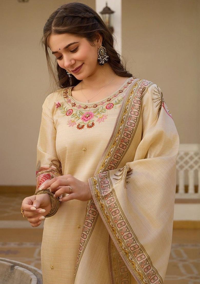 Cream Printed Silk Kurta Set - Indya