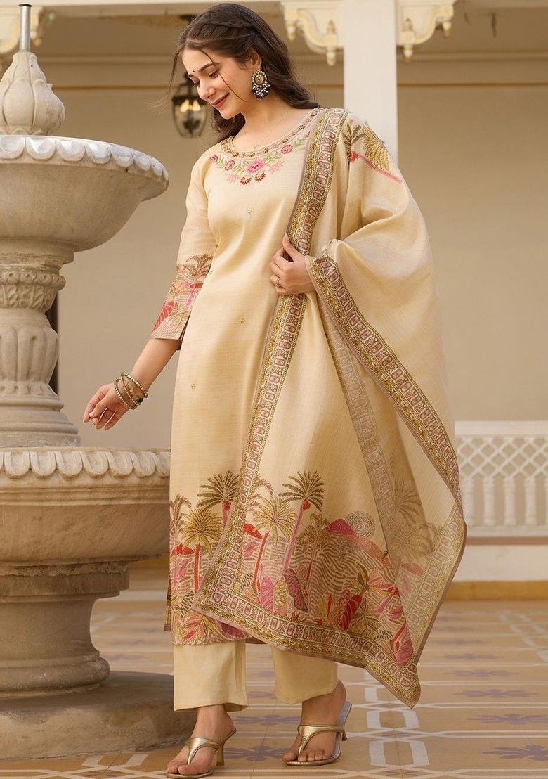 Cream Printed Silk Kurta Set - Indya