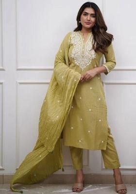 Olive Embroidered Organza Kurta Set