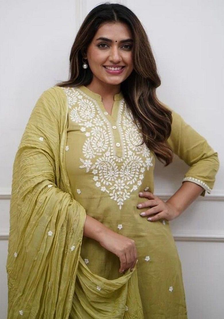 Olive Embroidered Organza Kurta Set - Indya
