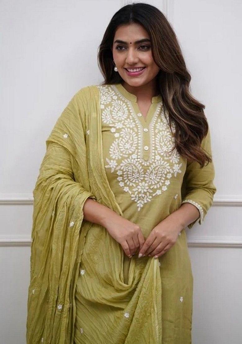 Olive Embroidered Organza Kurta Set - Indya