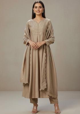 Beige Embroidered Silk Kurta Set