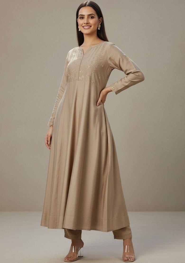 Beige Embroidered Silk Kurta Set - Indya