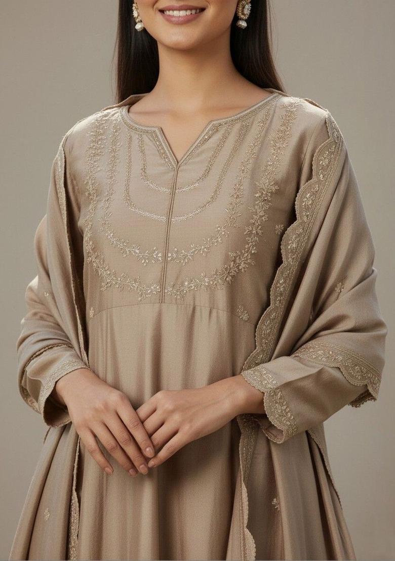 Beige Embroidered Silk Kurta Set - Indya