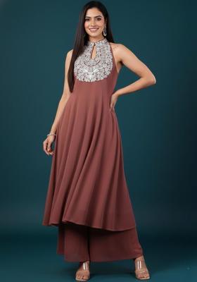 Brown Embroidered Silk Kurta Set