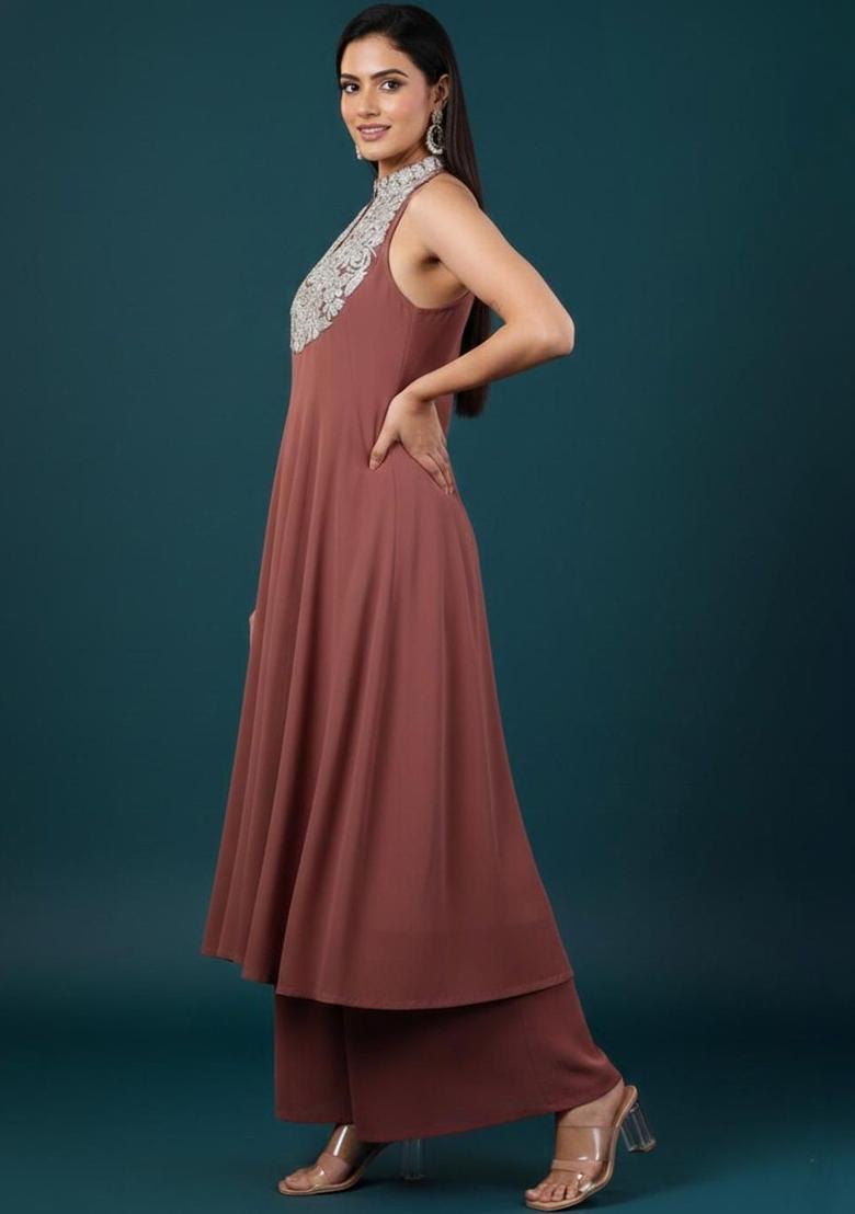 Brown Embroidered Silk Kurta Set - Indya