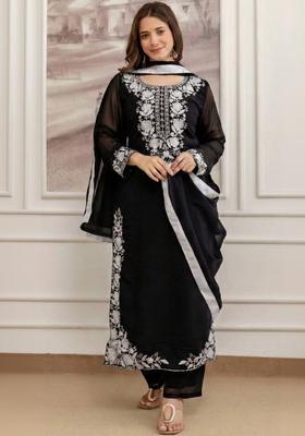 Black Embroidered Georgette Kurta Set