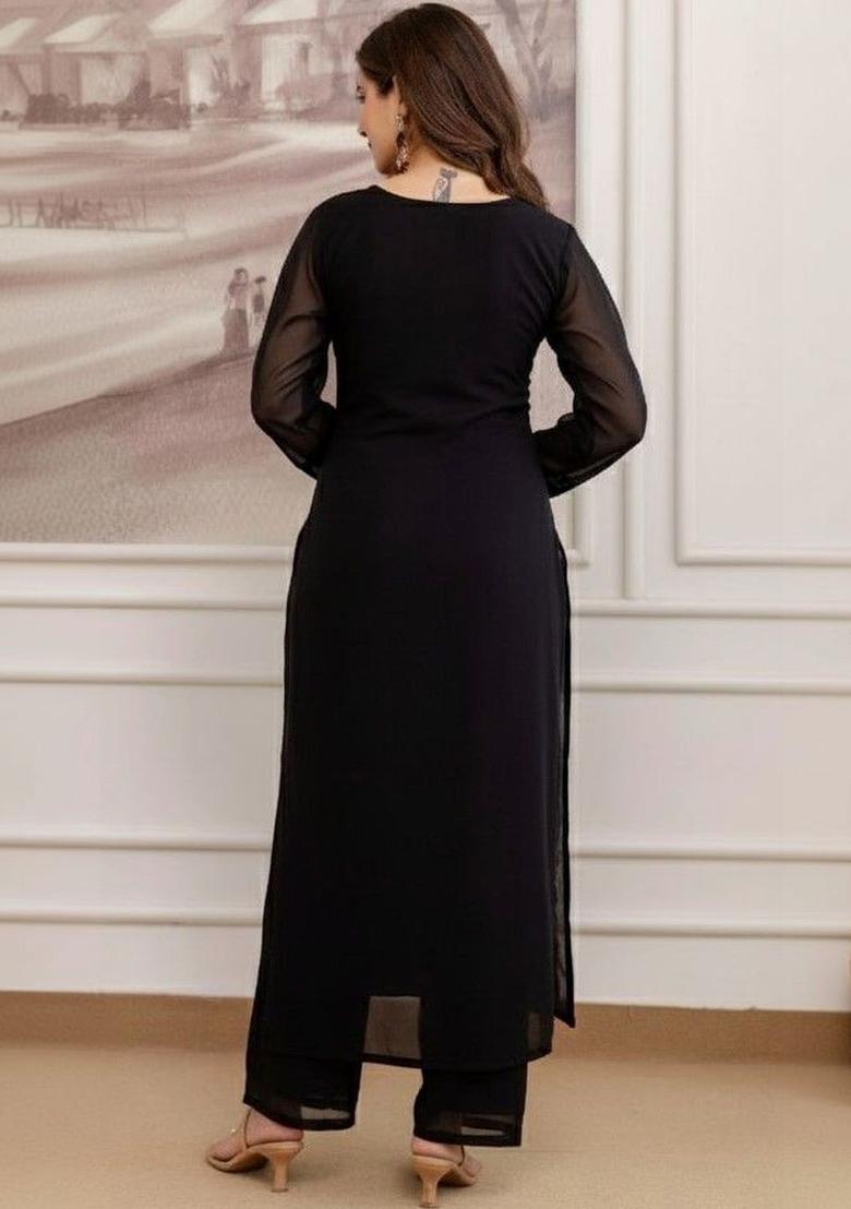 Black Embroidered Georgette Kurta Set - Indya