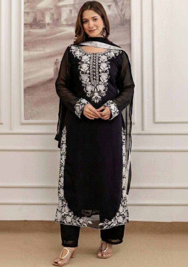 Black Embroidered Georgette Kurta Set - Indya