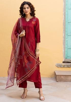 Maroon Printed Silk Kurta Set