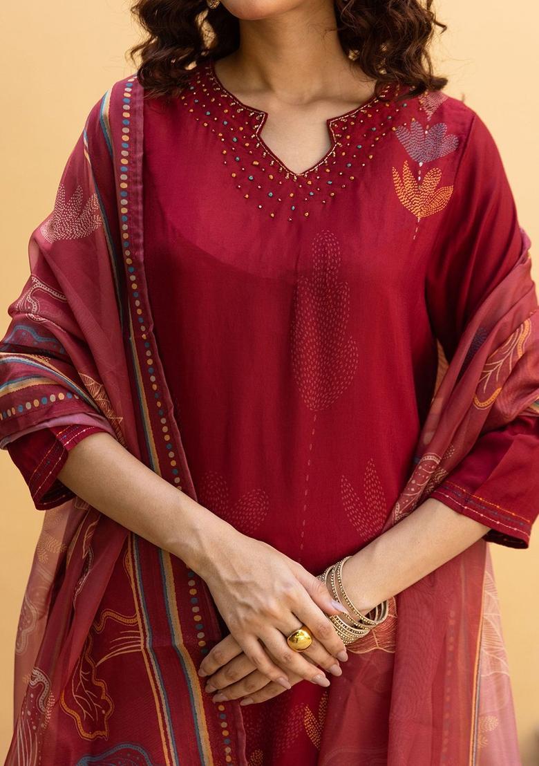 Maroon Printed Silk Kurta Set - Indya