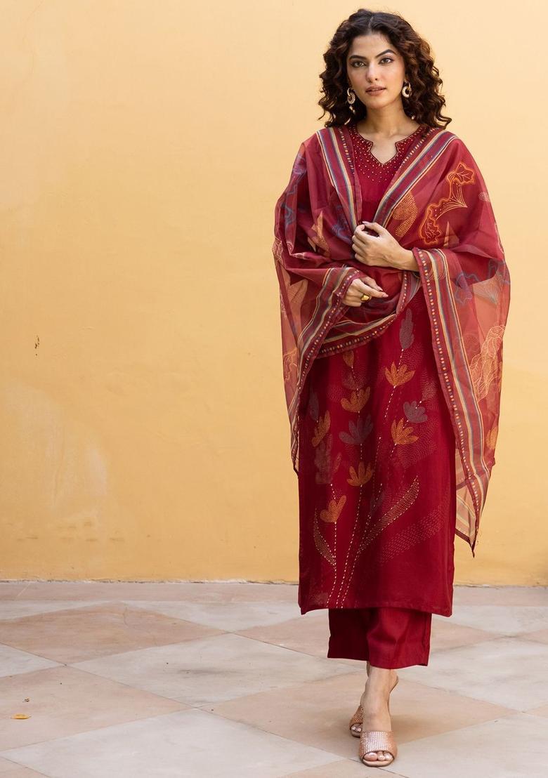 Maroon Printed Silk Kurta Set - Indya