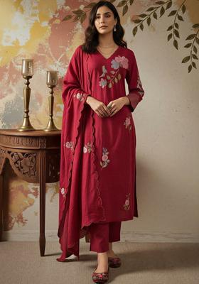 Red Embroidered Viscose Kurta Set