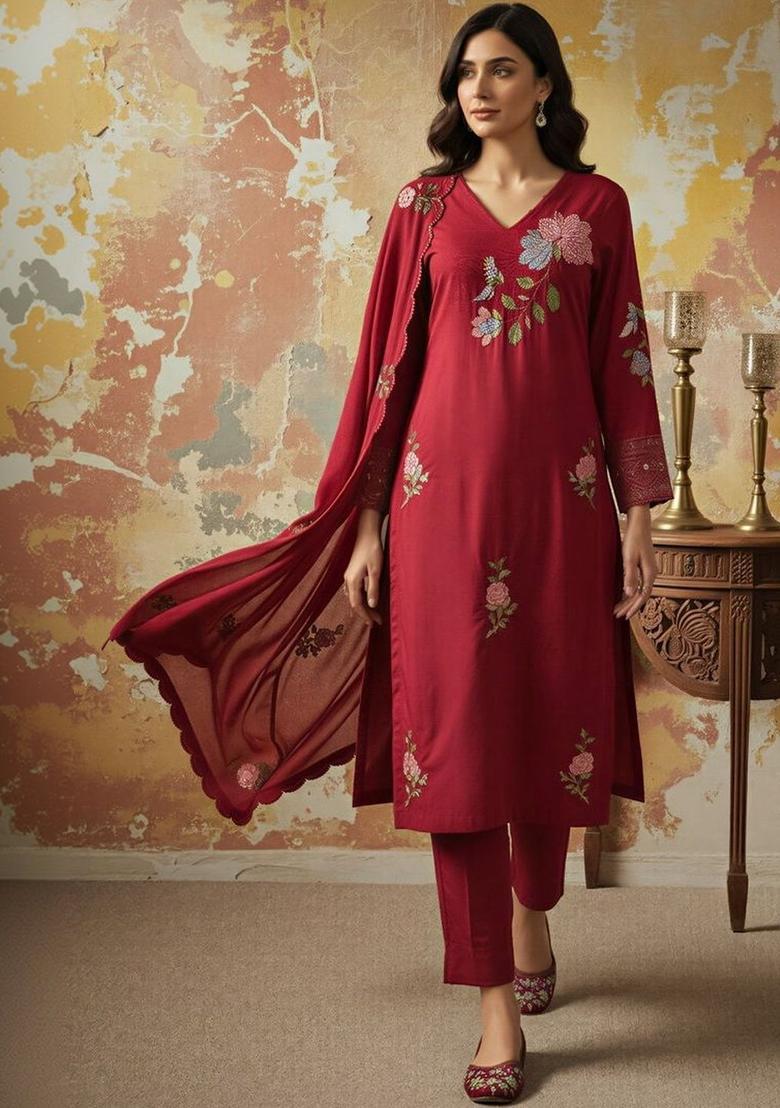 Red Embroidered Viscose Kurta Set - Indya