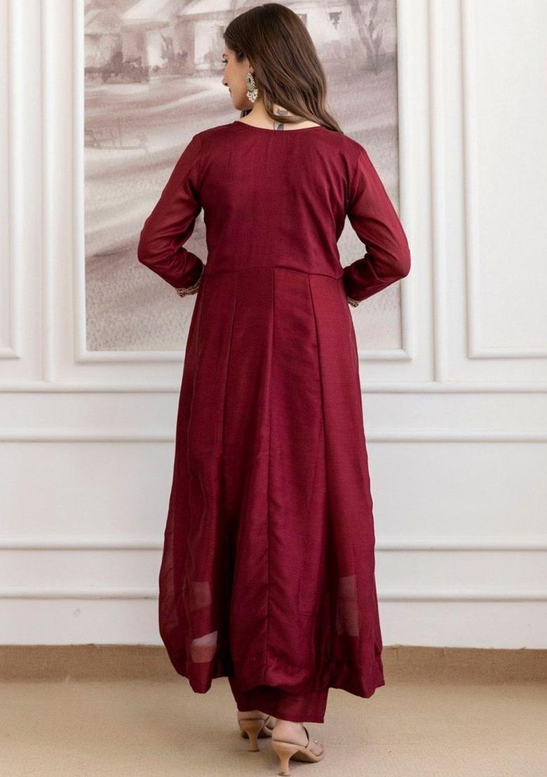 Maroon Embroidered Silk Kurta Set - Indya
