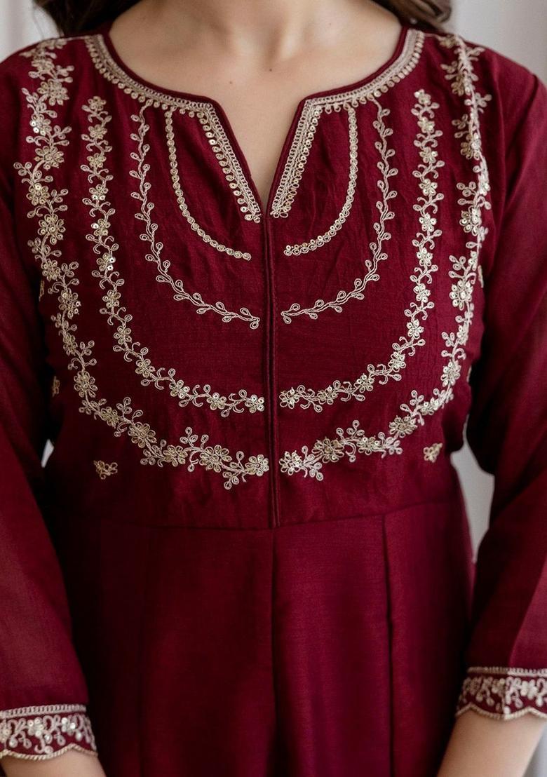 Maroon Embroidered Silk Kurta Set - Indya