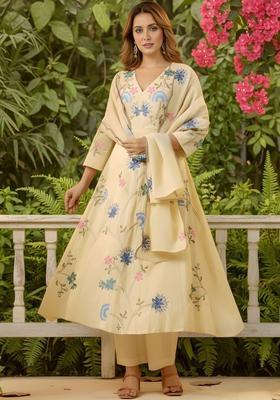 Cream Embroidered Silk Kurta Set