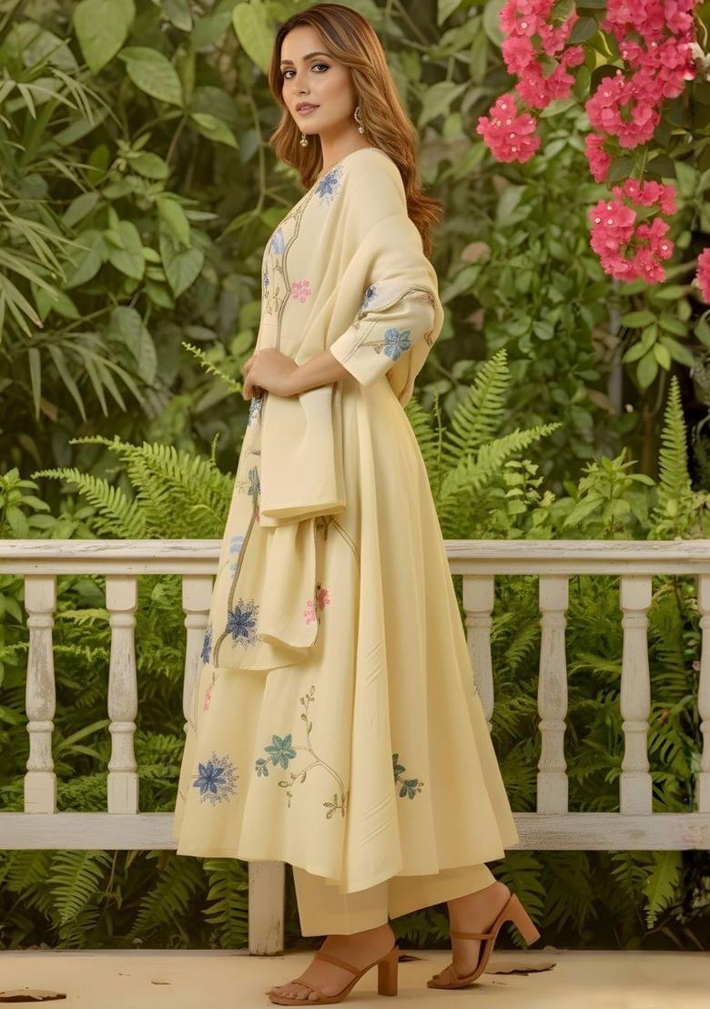 Cream Embroidered Silk Kurta Set - Indya