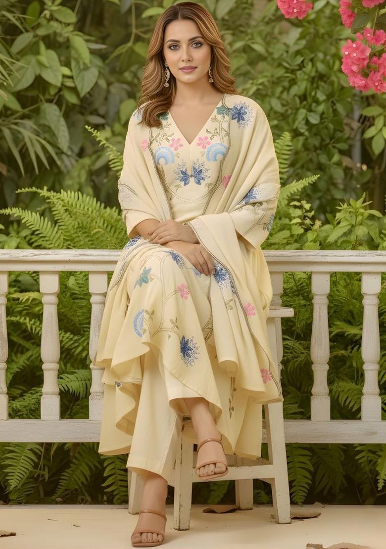 Cream Embroidered Silk Kurta Set - Indya