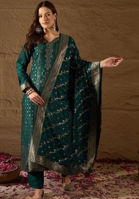 Green Woven Design Silk Blend Kurta Set
