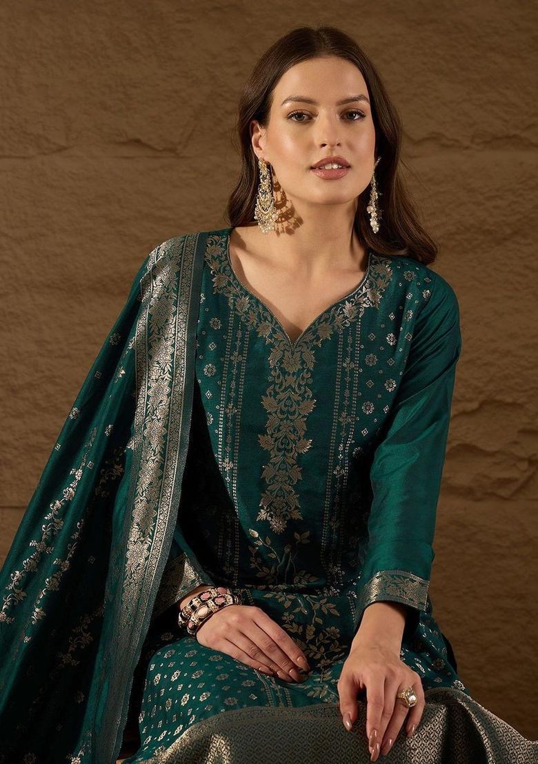 Green Woven Design Silk Kurta Set - Indya