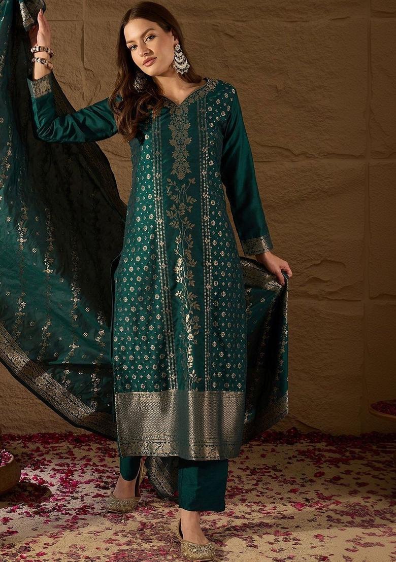 Green Woven Design Silk Kurta Set - Indya