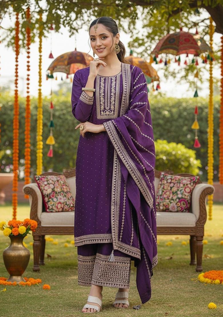 Purple Embroidered Silk Kurta Set - Indya