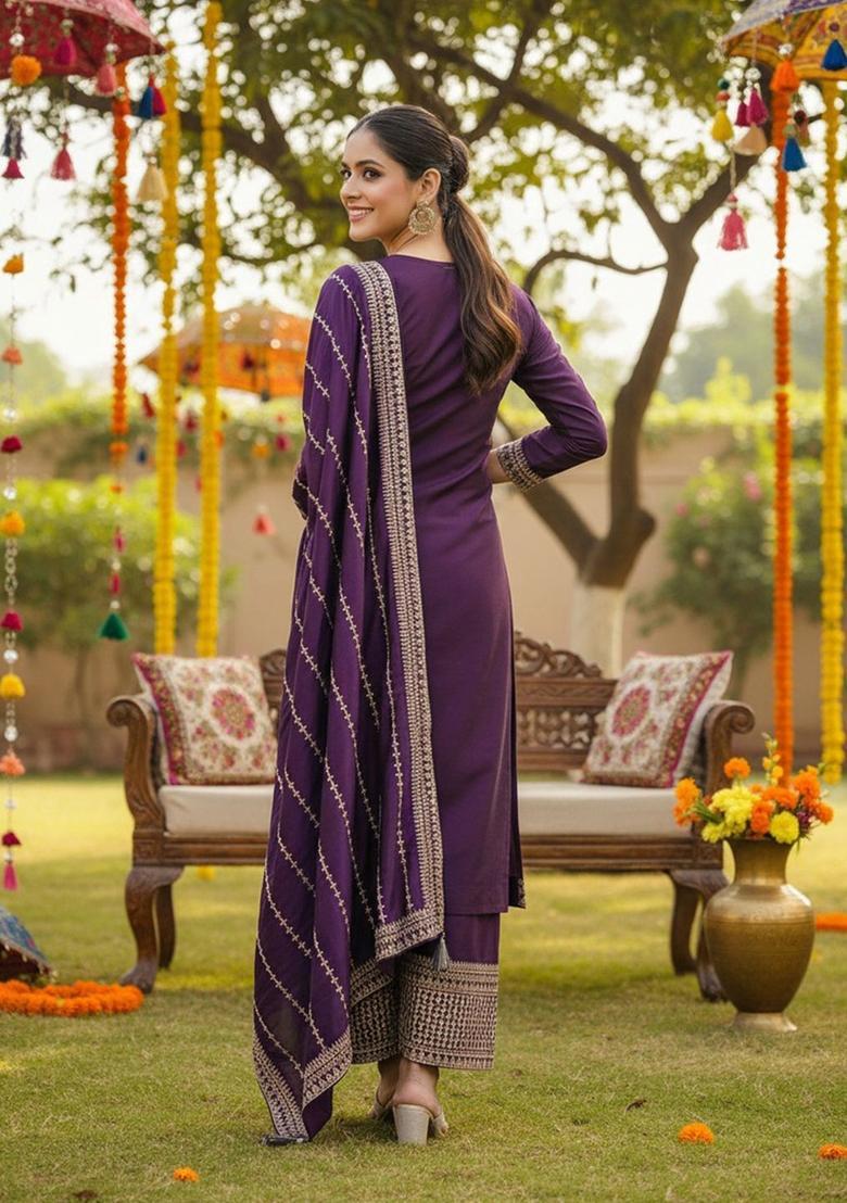 Purple Embroidered Silk Kurta Set - Indya