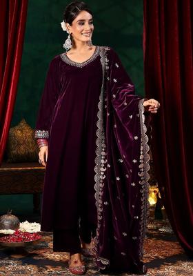 Purple Embroidered Velvet Kurta Set