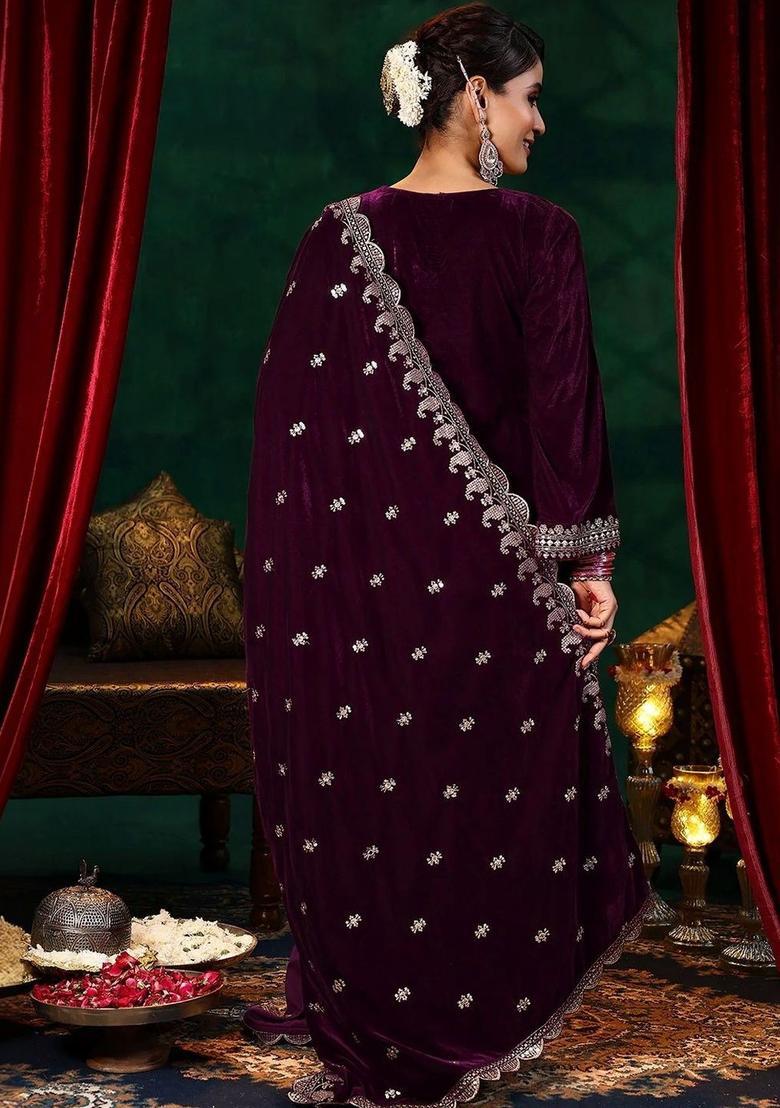 Purple Embroidered Velvet Kurta Set - Indya