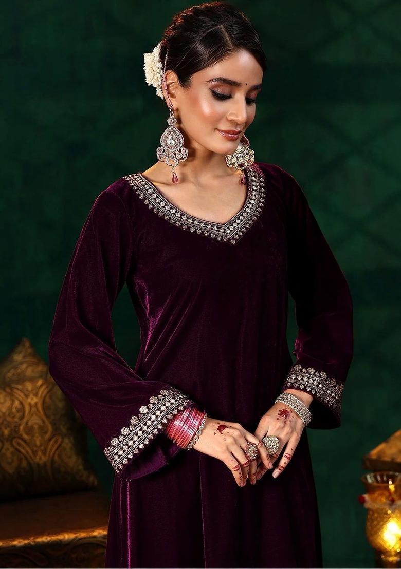Purple Embroidered Velvet Kurta Set - Indya