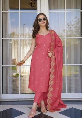 Peach Woven Design Silk Kurta Set