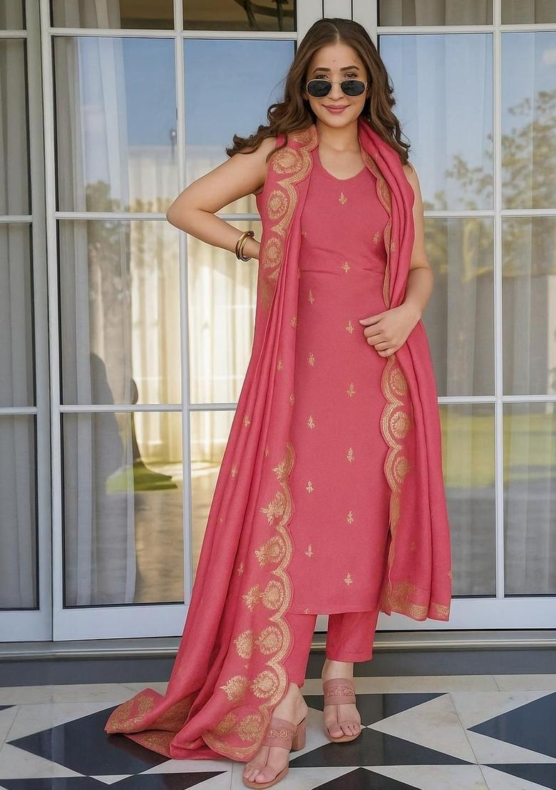 Peach Woven Design Silk Kurta Set - Indya